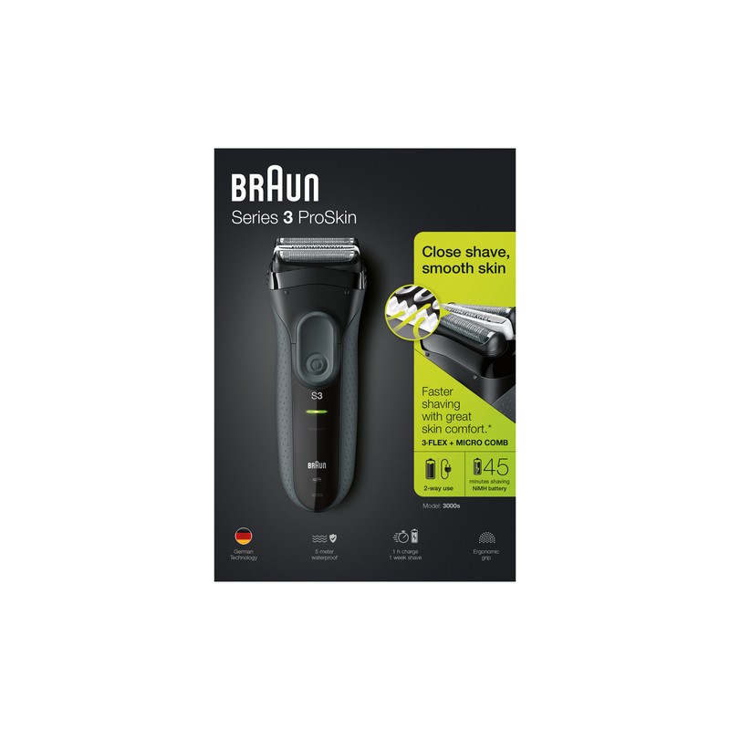 BRAU Braun Series 3 ProSkin 3000s Rasoio Elettrico, Nero Ricaricabile