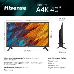 Hisense Hisense 40A4K TV 101,6 cm (40) Full HD Smart TV Wi-Fi Nero 200 cd/m²