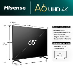 Hisense 65A6N Smart TV 65' Display LED 4K Ultra HD Sistema Vidaa Classe E Nero - 30130